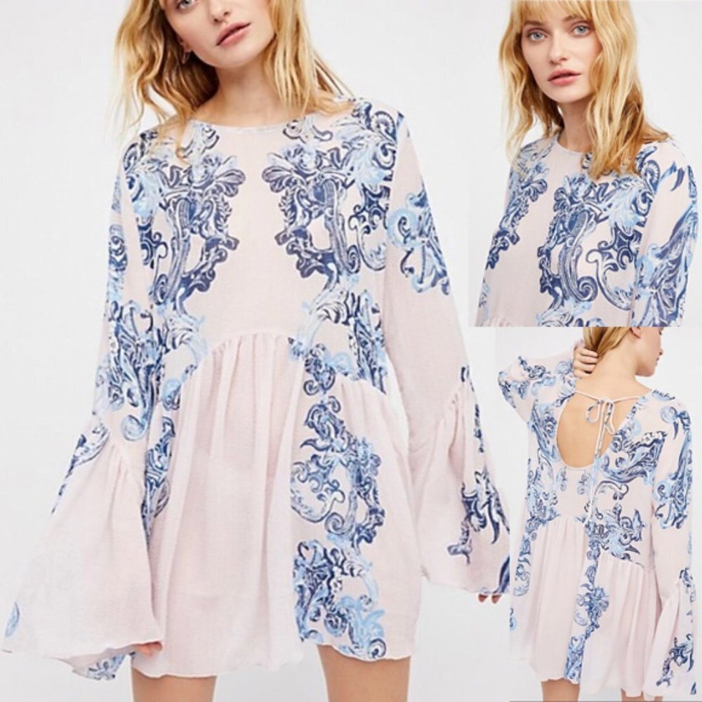Free People Printed Symphony Sheer Swing Slip Dress in Petal Pink Combo S $98 - Picture 2 of 15